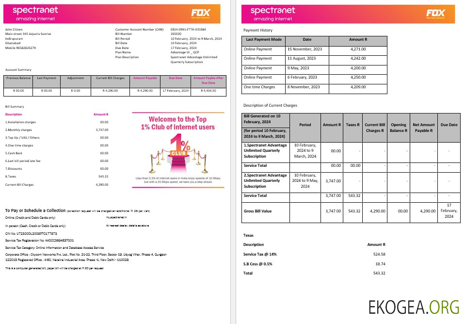 Nigeria Spectranet amazing internet internet utility bill Word and PDF formats, 3 pages